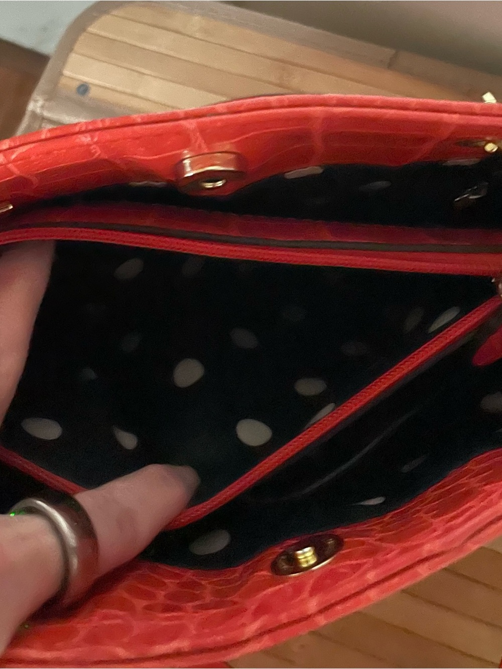 Anne Klein Reddish Orange/Coral Croc-Embossed Shoulder Tote with Gold Hardware - Picture 5 of 10